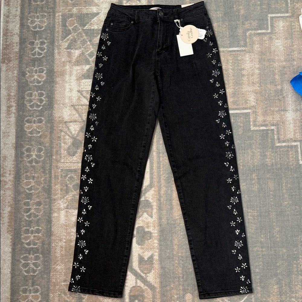 Camila Coelho Black Jeans with Floral Rhinestone Embellishments